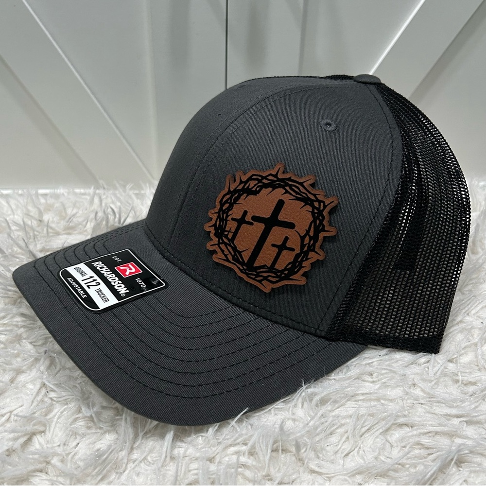 Laser engraved, Calvary crosses. Richardson 112 trucker hat.